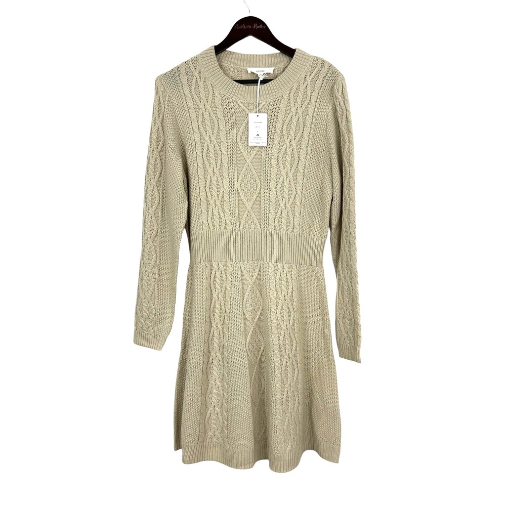 New Lucky Brand Womens Size XL Peyote Beige Cable Knit Chunky Sweater Dress N4